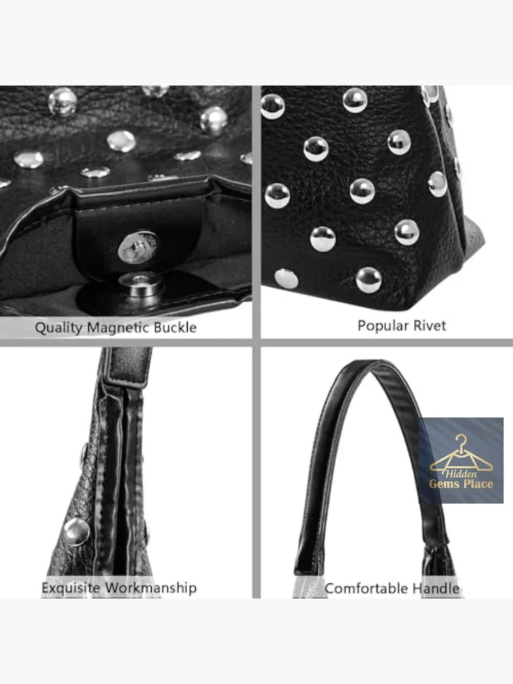 Studded Vegan Leather Hobo Tote Bag, Edgy Punk Slouchy Shoulder Handbag